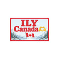 ILY Canada car magnet, 7.5 x 4.5 inch design with Canadian flag, mountains, evergreen trees, and heart hands